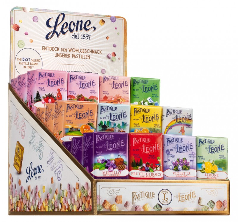 Espositore assortimento dedicato Viani, bonbons aux fruits, assortis dans un présentoir, Leone - 36*30g - écran