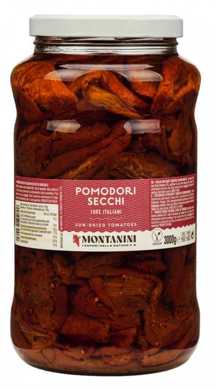 Pomodori secchi sott`olio, Tomaten getrocknet in Öl, Montanini - 3.000 g - Glas