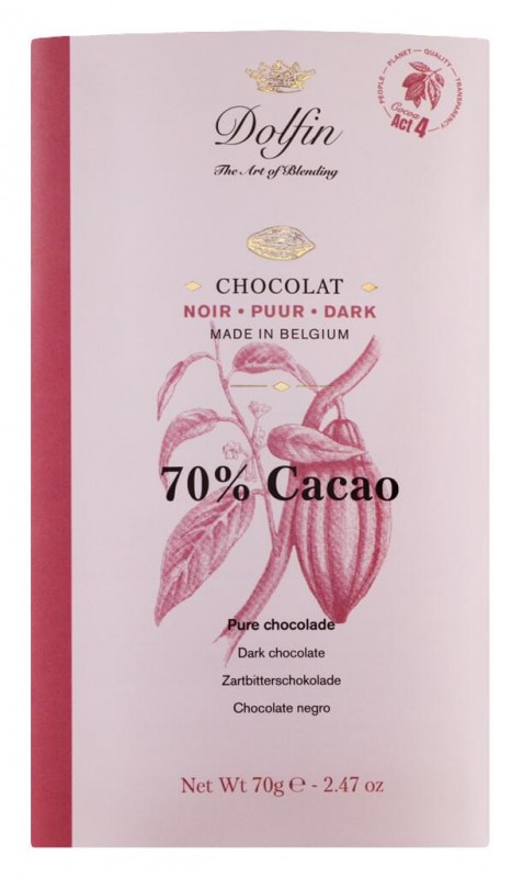Tablette, noir 70% de cacao, barre de chocolat, noir 70% de cacao, Dolfin - 70 g - table
