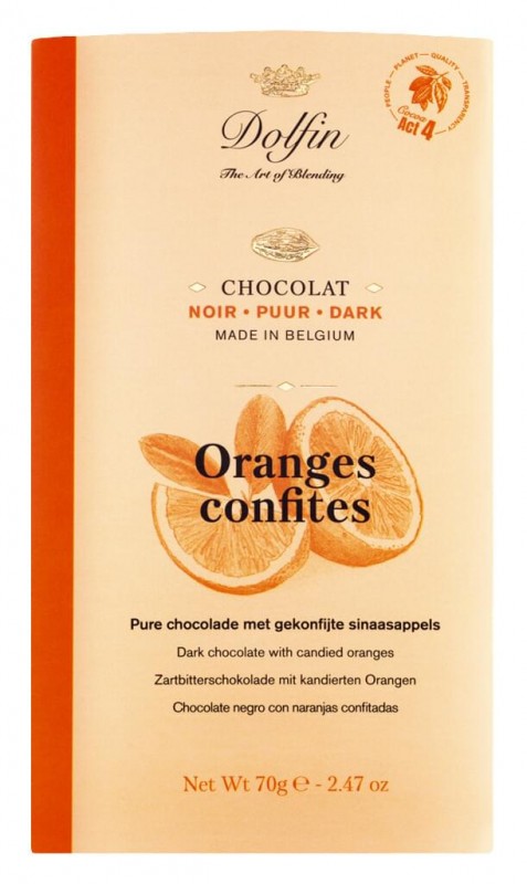 Tablette, noir aux ecorces d`orange confites, Tafelschokolade, Zartbitter m. Orangenschalen, Dolfin - 70 g - Tafel