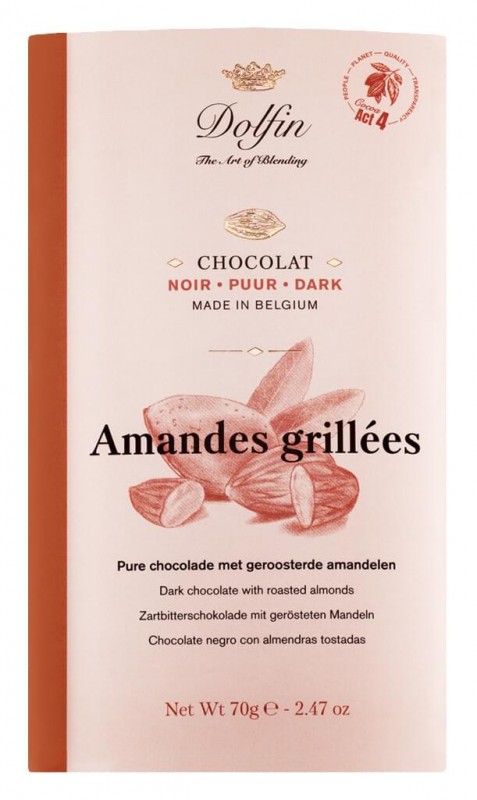 Tablet, noir aux amandes grillees, chocoladereep, donker m. geroosterd. Amandelen, Dolfin - 70 g - tafel