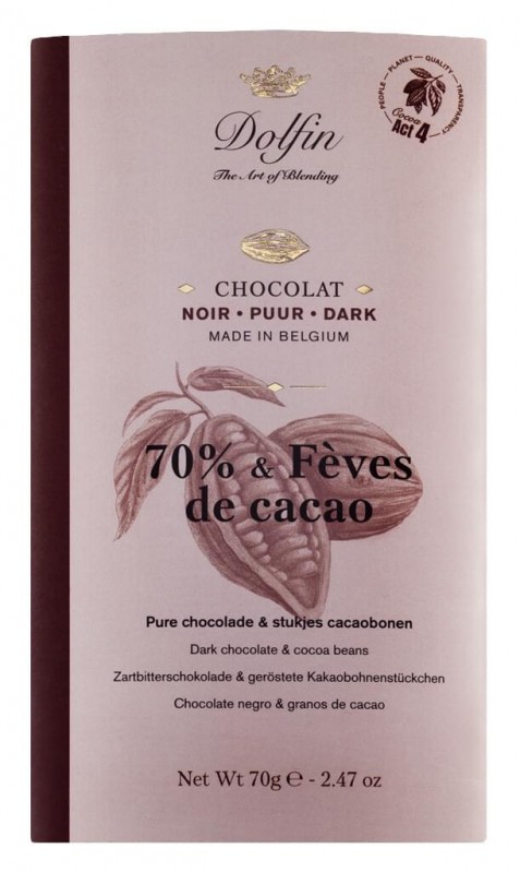 Tablette, noir 70% aux éclats de fèves de cacao, chocolat noir aux pépites de cacao torréfiées, Dolfin - 70 g - table
