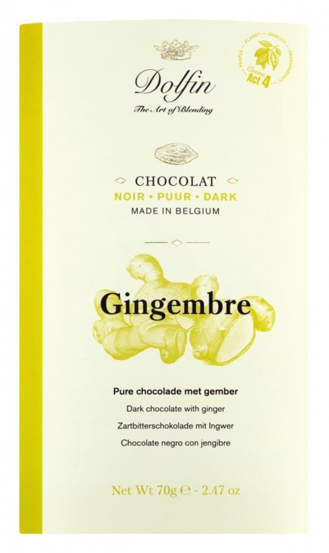Tablet, noir au gingembre frais, chocoladereep, puur met fr. Ginger, Dolfin - 70 g - tafel