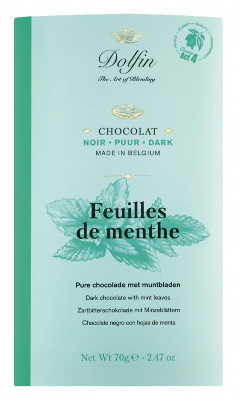 Tablette, noir aux feuilles de menthe, barre de chocolat, douce-amère à la menthe, Dolfin - 70 g - table