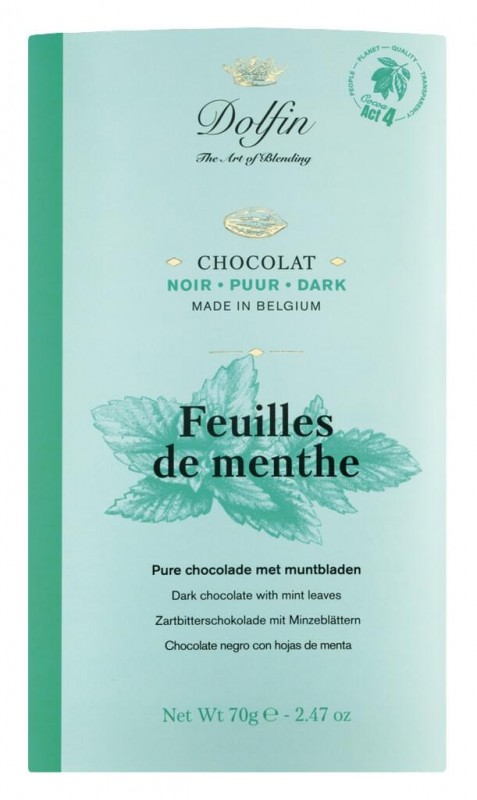 Tablette, noir aux feuilles de menthe, barre de chocolat, douce-amère à la menthe, Dolfin - 70 g - table Tablette, noir aux feuilles de menthe, barre de chocolat, douce-amère à la menthe, Dolfin - 70 g - table