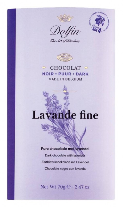 Tablette, noir à la lavande fine de Haute-Provence, barre de chocolat, douce-amère à la lavande, Dolfin - 70 g - table