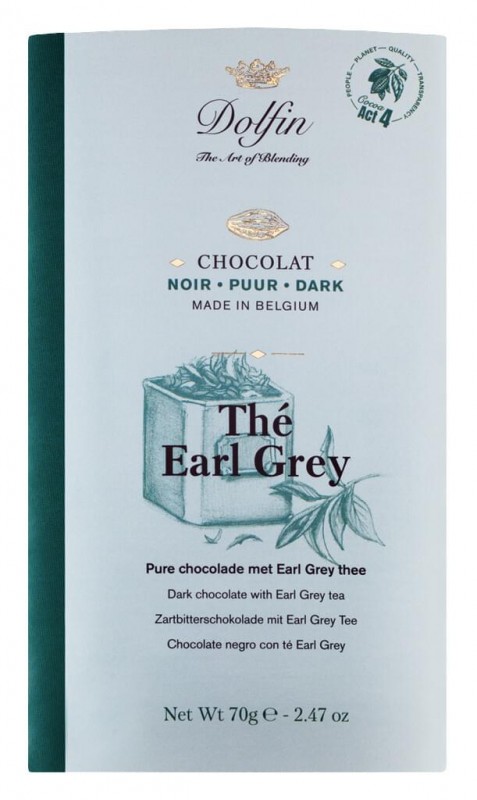 Tablette, noir au gris comte, barre chocolatée, douce-amère au thé Earl-Grey, Dolfin - 70 g - table