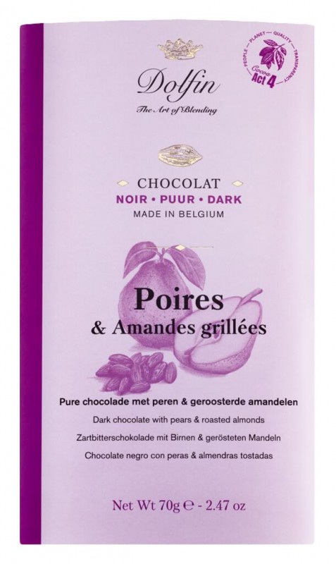 Tablet, noir 52% au poire et amande, chocolate bar, bittersweet 52% with pear + almonds, Dolfin - 70 g - blackboard Tablet, noir 52% au poire et amande, chocolate bar, bittersweet 52% with pear + almonds, Dolfin - 70 g - blackboard