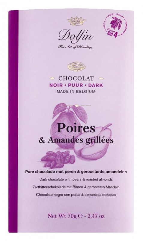 Tablet, noir 52% au poire et amande, chocolate bar, bittersweet 52% with pear + almonds, Dolfin - 70 g - blackboard