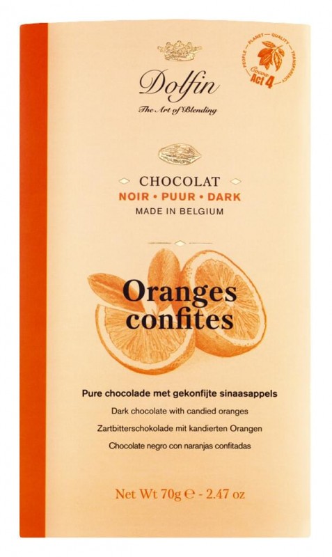 Tablet, noir aux ecorces d`orange confites, chocolate bar, dark m. Orange peel, Dolfin - 70 g - blackboard