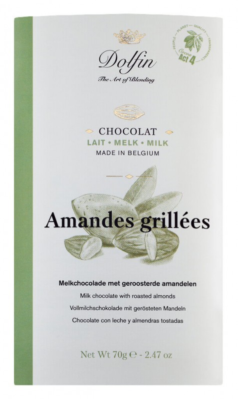 Tablet, lait aux amandes grillees, chocolate bar, whole milk with toasted. Almonds, Dolfin - 70 g - blackboard