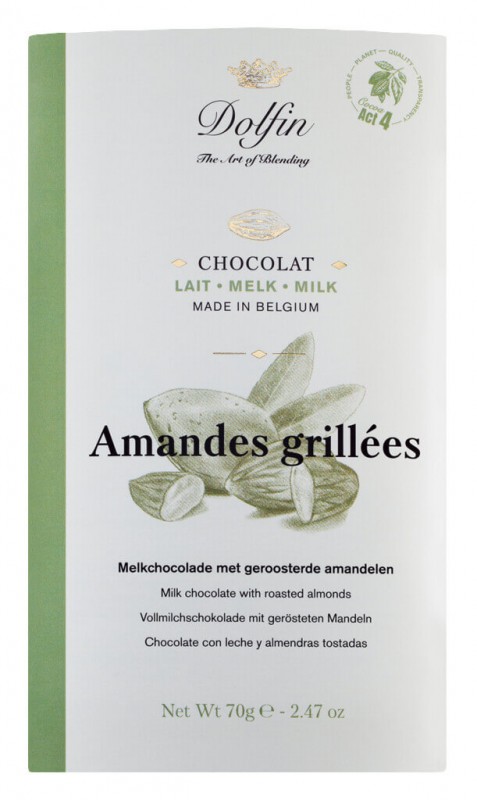 Tablet, lait aux amandes grillees, chocoladereep, volle melk met geroosterd. Amandelen, Dolfin - 70 g - tafel