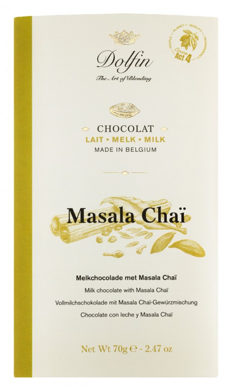 Tablet, lait masala chai, chocoladereep, volle melk met masala, Dolfin - 70 g - tafel