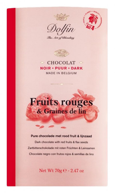 Tablette, noir aux fruits rouges et graines de lin, chocolat noir aux fruits rouges et graines de lin, Dolfin - 70 g - pièce