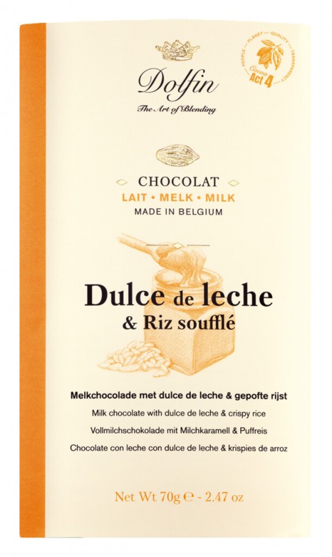 Tavle, lait dulce de leche et riz souffle, helmælkechokolade med mælkekaramel og puffet ris, Dolfin - 70 g - stykke