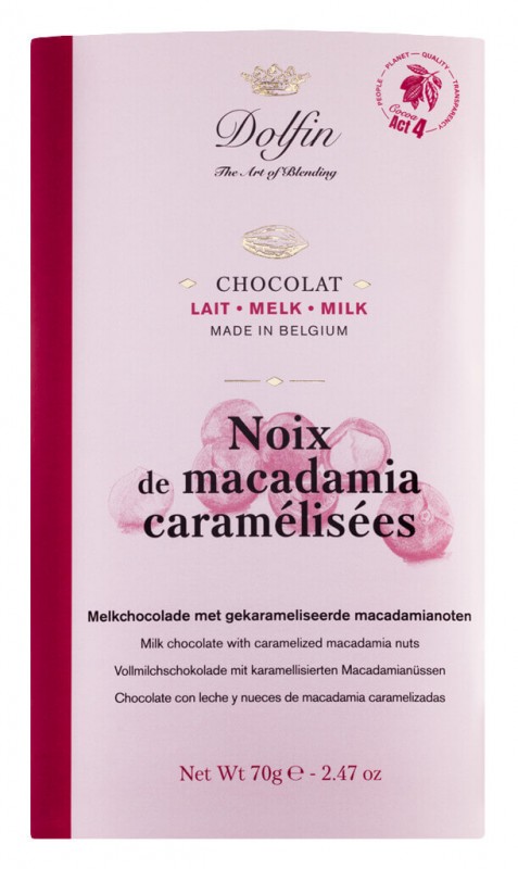 Tablet, lait aux noix de macadamia caramelisees, melkchocolade met gekarameliseerde macadamia, dolfin - 70 g - stuk