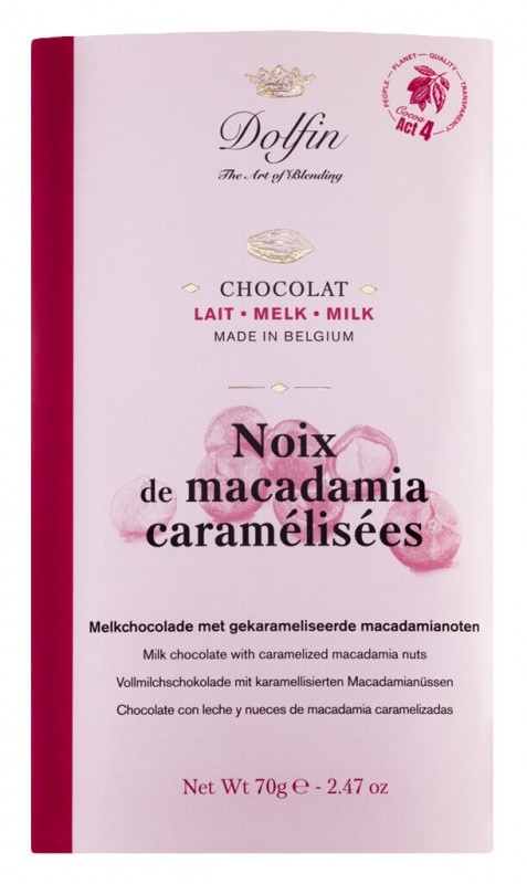 Tablette, lait aux noix de macadamia caramélisés, chocolat au lait entier avec macadamia caramélisée, Dolfin - 70 g - pièce