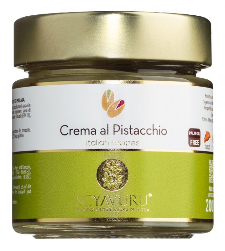 Crema al Pistacchio senza olio di palma, sød pistaciecreme uden palmeolie, Scyavuru - 200 g - Glas