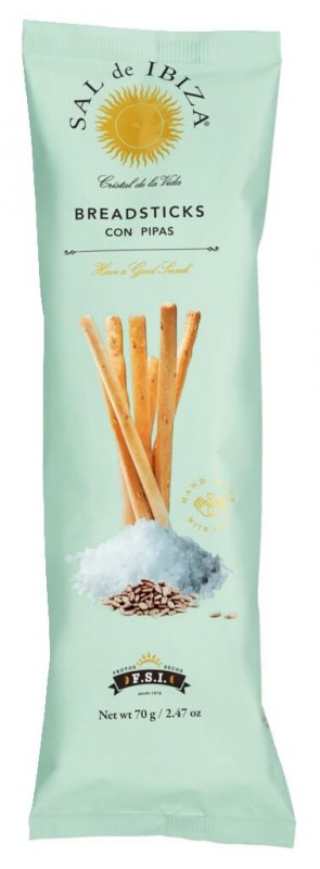 Breadsticks con Pipas, Grissini mit Sonnenblumenkernen, Sal de Ibiza - 70 g - Packung