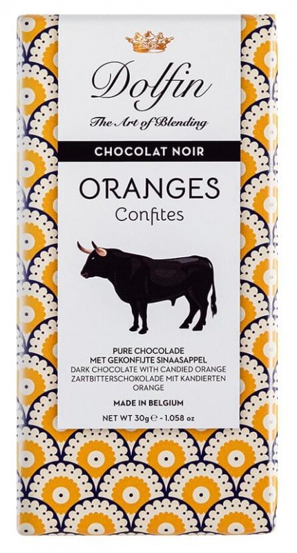 Chocolat noir aux oranges confites, Zartbitterschokolade mit kandierter Orange, Dolfin - 30 g - Stück