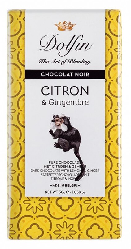 Chocolat noir citron et gingembre, Zartbitterschokolade mit Zirone und Ingwer, Dolfin - 30 g - Stück