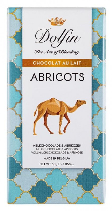 Chocolat au lait aux abrikozen, melkchocolade met abrikoos, Dolfin - 30g - Deel