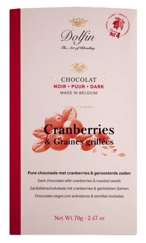 Tablet, black cranberry and mix de graine, dark chocolate. m. Cranberries and roasted. Seeds, Dolfin - 70g - Piece