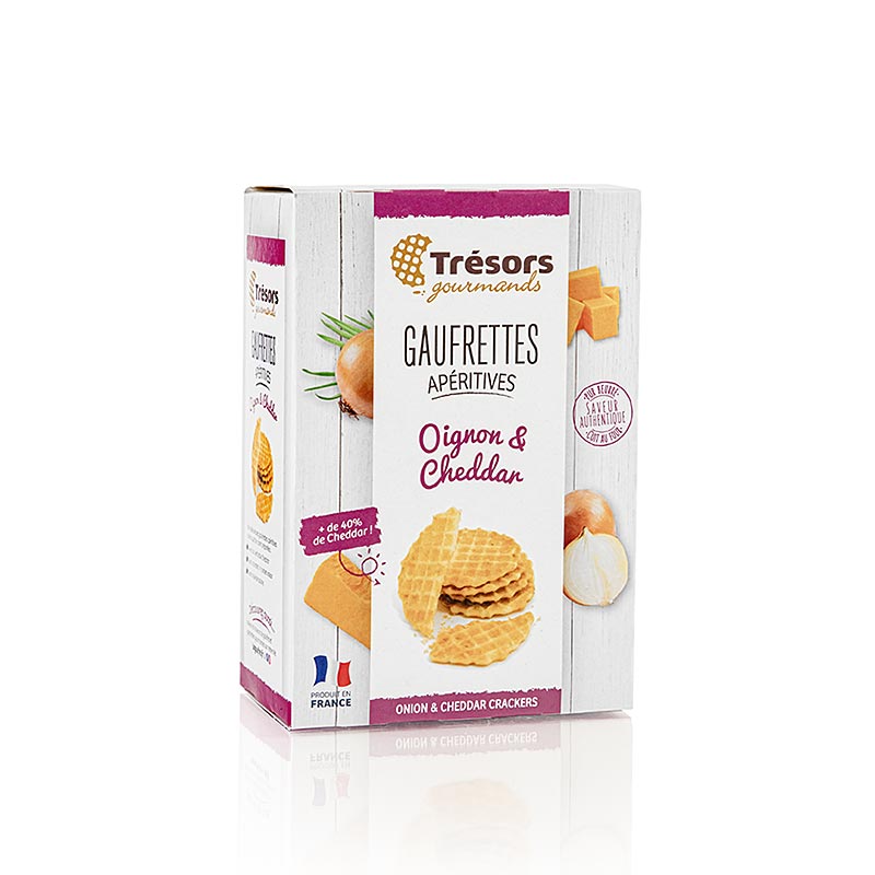 Barsnack Tresors- franz. Mini-Waffeln mit Zwiebel und Cheddar Käse - 60 g - Karton