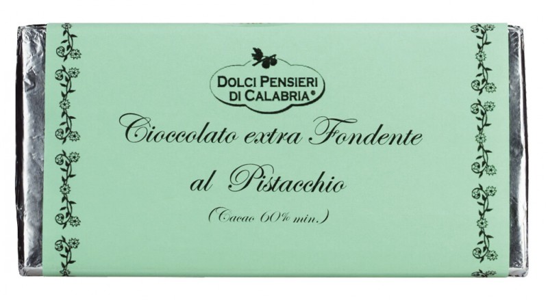 Cioccolato Fondente con Pistacchio, chocolat noir au goût de pistache, Dolci Pensieri - 100g - Morceau