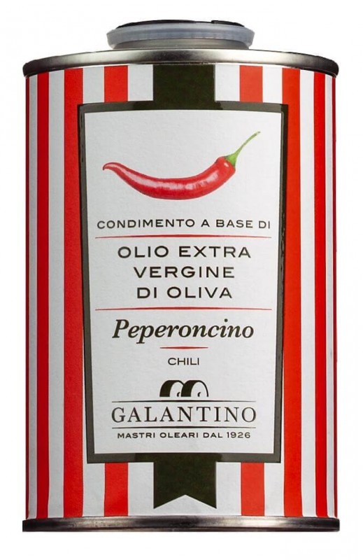 Olio extra vergine di oliva e peperoncino, Natives Olivenöl extra mit Chili, Galantino - 250 ml - Dose