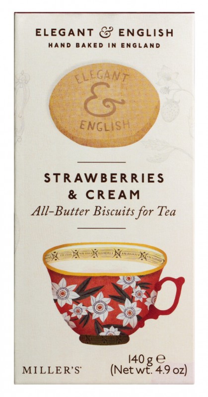 Elegant & English Strawberries + Cream, Butterkekse mit Erdbeeren und Sahne, Miller&039;s - 140 g - Packung