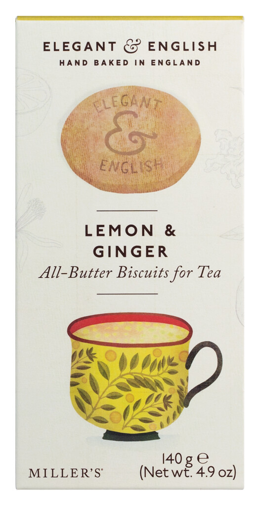 Elegant & English Lemon + Ginger, Butterkekse mit Zitrone + Ingwer, Miller`s - 140 g - Packung Elegant & English Lemon + Ginger, Butterkekse mit Zitrone + Ingwer, Miller`s - 140 g - Packung
