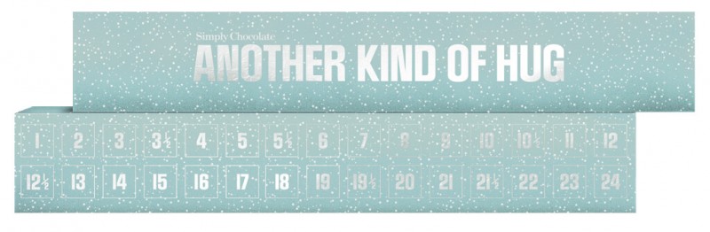 Een ander soort knuffel, Lichtblauwe kalender, Adventskalender met chocoladestukjes + repen, Simply Chocolate - 300g - Deel