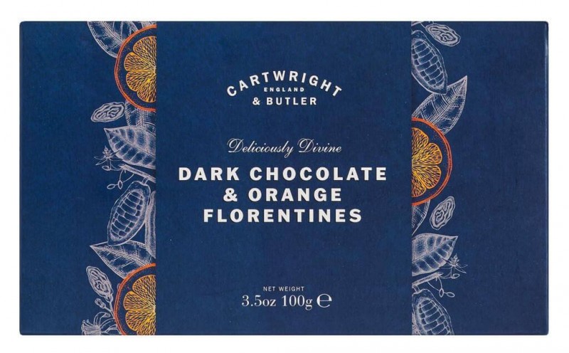 Dark Chocolate Orange Florentines, Schokoladentaler mit Orange, Cartwright & Butler - 100 g - Packung