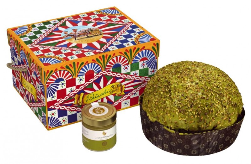 Panettone scatola Sicilia con Crema al Pistacchio, set gistkoekjes en pistachepasta, Scyavuru - 800g + 200g - set