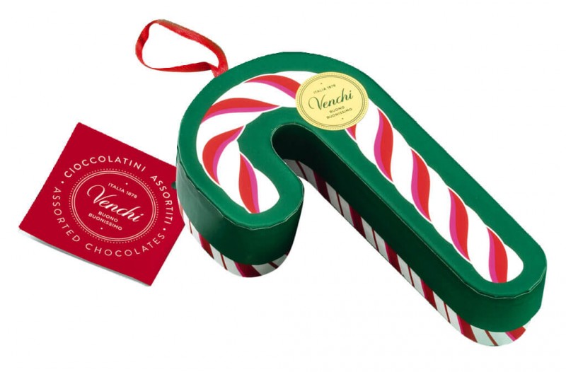 Candy Cane Christmas Bannecker, coffret cadeau canne en bonbon avec comètes en chocolat, Venchi - 62g - Morceau