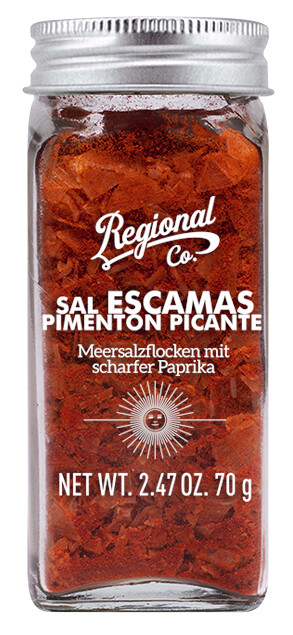 Sea salt Flakes with hot Papirka, Meersalz mit geräucherter scharfer Paprika, Mühle, Regional Co - 70 g - Stück