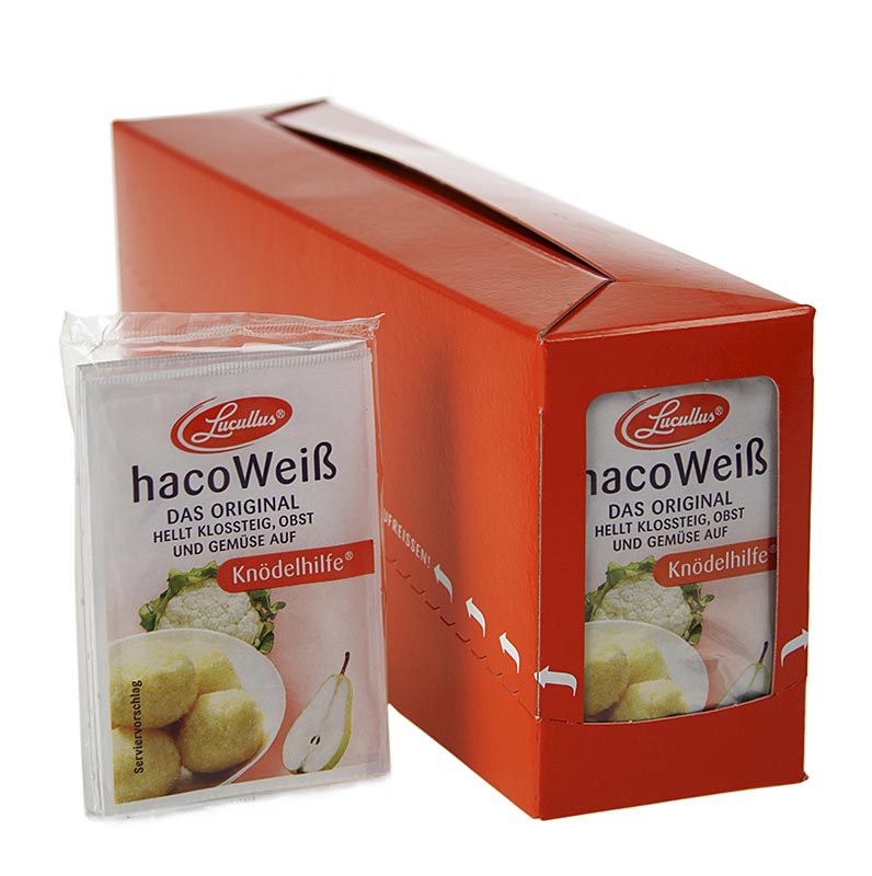 Haco White dumplinghjaelp, kartoffel-, frugt- og groentsagsblegemiddel fra Lucullus - 500 g, 100 x 5 g - boks