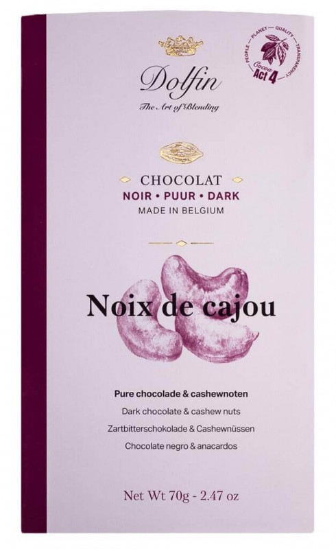 Tablette, noir aux noix de cajou, Zartbitterschokolade mit Cashewnüssen, Dolfin - 70 g - Stück