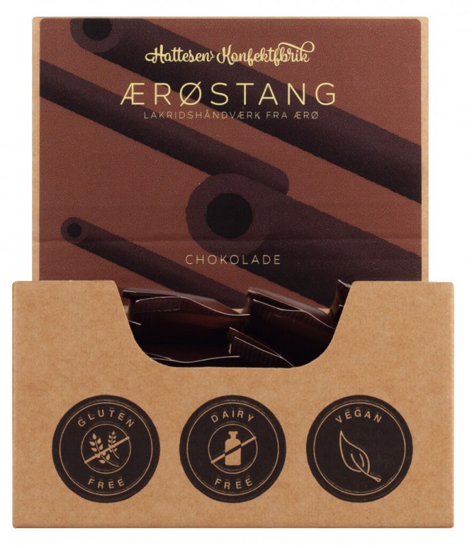 Presentoir à chocolat Aerostang, batonnets de reglisse au chocolat, usine de confiserie Hattesen - 20x27g - afficher