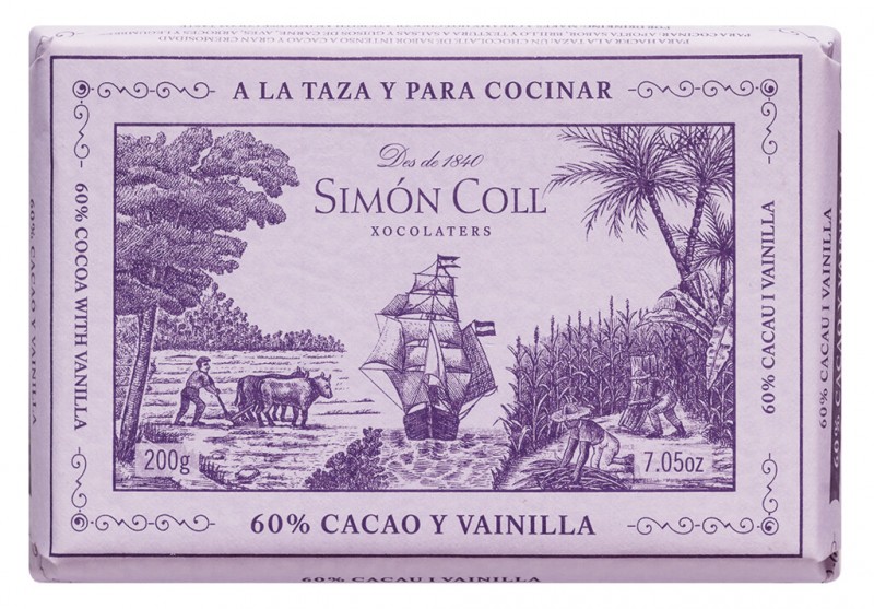 Chocolate piedra 60% with vanilla, dark chocolate 60% with vanilla, Simón Coll - 200 g - Piece