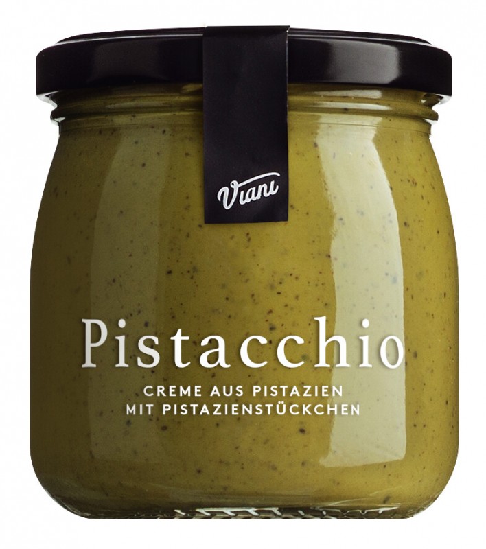 Crema al Pistacchio con Granella, crème de pistache sucree aux morceaux de pistaches, Viani - 200 g - Verre