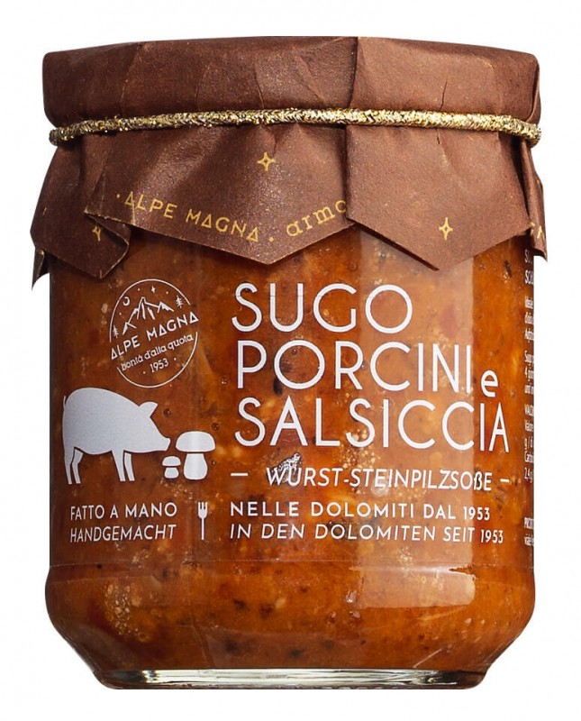 Sugo porcini e salsiccia, tomatensaus met eekhoorntjesbrood en salsiccia, Alpe Magna - 190g - Glas