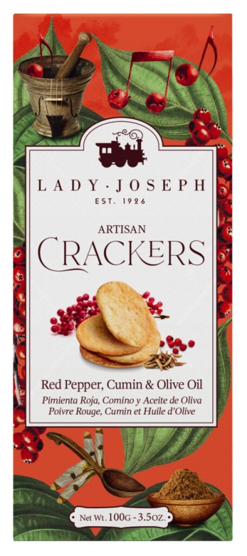 Red Pepper, Cumin and Olive Oil Crackers, biscuits with red pepper, cumin and olive oil, Lady Joseph - 100 g - pack