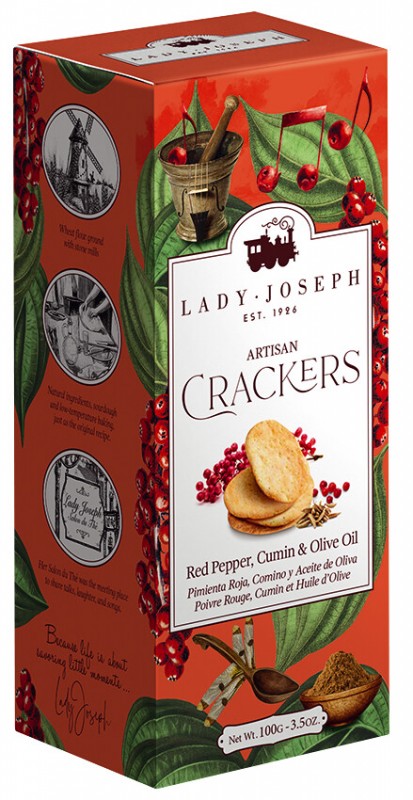 Crackers met rode peper, komijn en olijfolie, koekjes met rode peper, komijn en olijfolie, Lady Joseph - 100 gr - pak