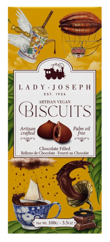 Biscuits vegetaliens fourres au chocolat, patisseries fourrees au chocolat, vegetaliennes, Lady Joseph - 100g - paquet