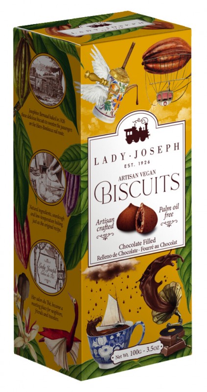 Biscuits vegetaliens fourres au chocolat, patisseries fourrees au chocolat, vegetaliennes, Lady Joseph - 100g - paquet