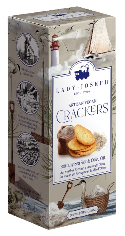 Crackers de Bretagne au Sel Marin et à l`Huile d`Olive, biscuits au sel marin de Bretagne, Lady Joseph - 100g - paquet