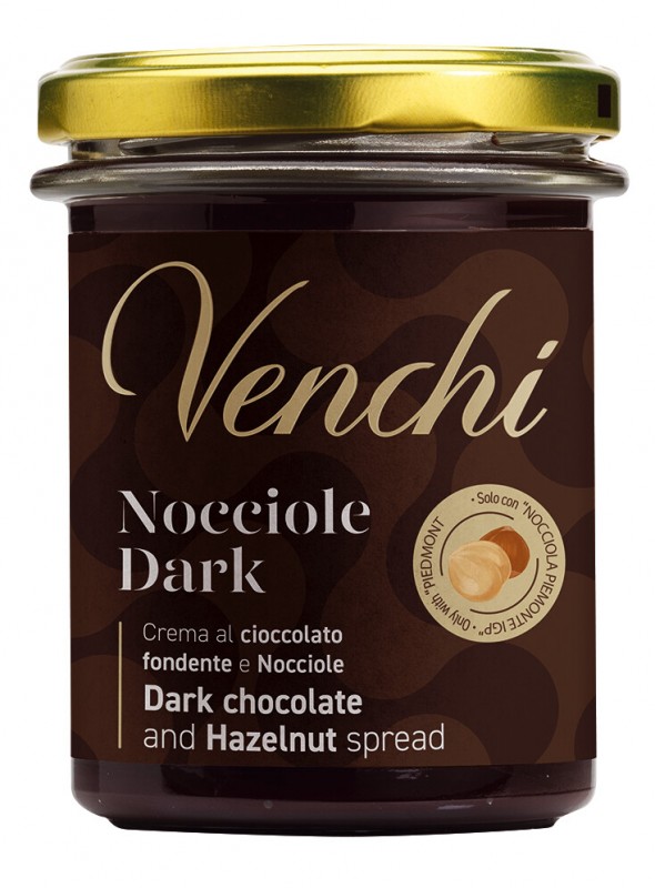 Hazelnoot Dark Spread, pure chocoladecrème met hazelnoten, Venchi - 200 gr - Glas