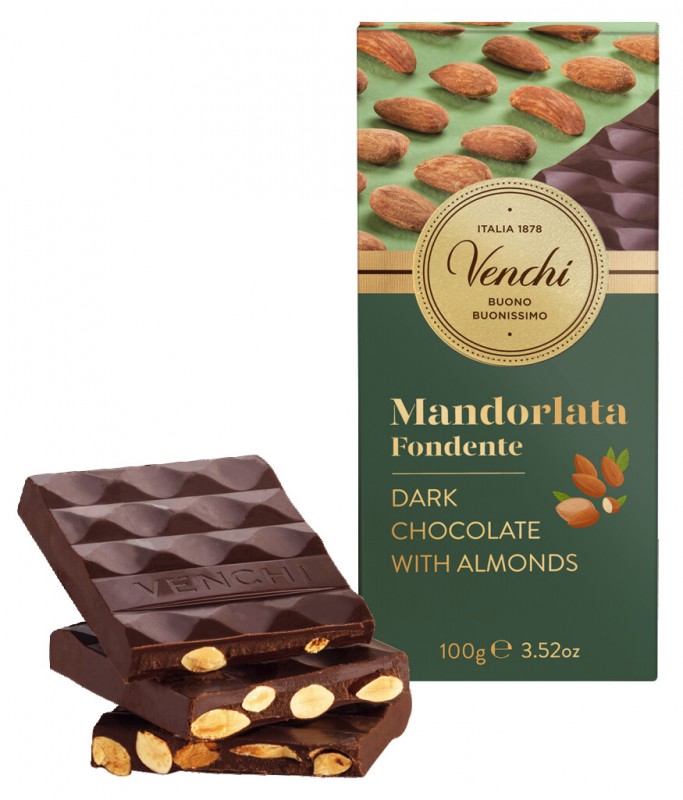 Dark Almond Bar, mØrk chokolade med mandler, Venchi - 100 g - Stykke